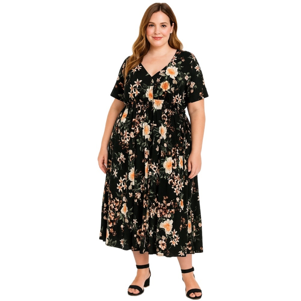 Floral dress, button details and elastic waist, size xxl